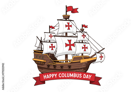 Colorful vintage tall ship illustration, featuring detailed sails and a festive banner, symbolizing maritime exploration, ancient voyages, and the concept of discovery