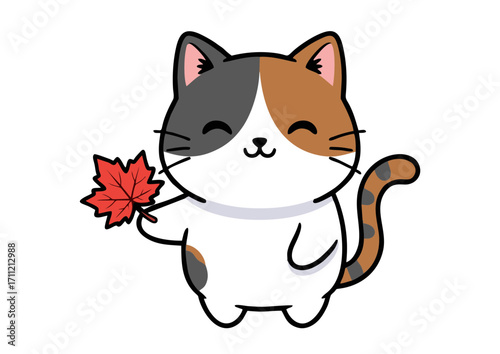 Adorable calico cat cartoon character cheerfully displays a vibrant red maple leaf, perfectly capturing the essence of autumn and natural charm in a delightful, minimalist style