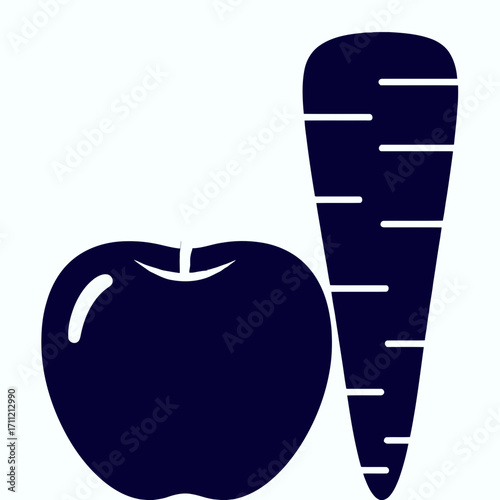 Vector art of a dark blue icon of an apple and a carrot isolated on a