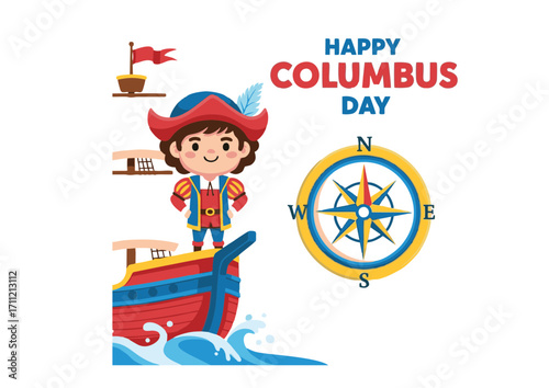 Happy Columbus Day celebration illustration with a sailor on a ship and a compass, commemorating historical voyages and discoveries