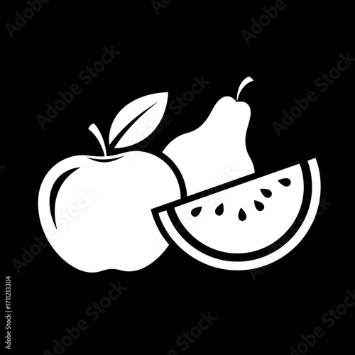 Vector art of white silhouette of fruits including an apple, a pear, and a slice of watermelon on a, isolated on, healthy food concept, vector art