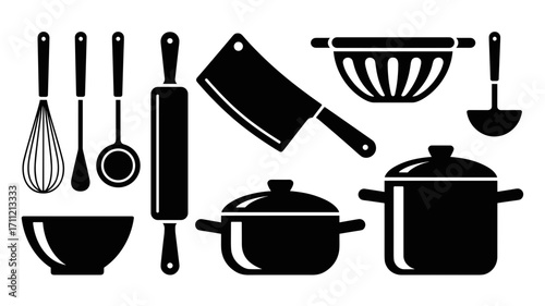 A vector illustration of kitchen utensils and kitchenware, perfect for culinary designs, food preparation guides, and recipe illustrations.