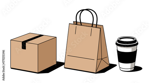 Cardboard box paper bag and coffee cup delivery packaging for takeout order vector illustration