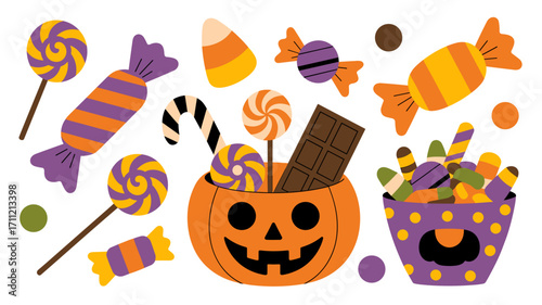 A festive Halloween illustration featuring a pumpkin bucket filled with candy, lollipops, and chocolate, perfect for trick-or-treating designs.