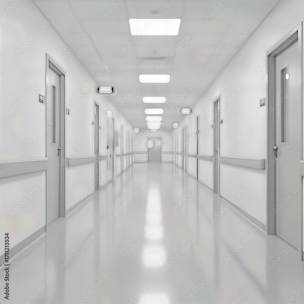 Fototapeta premium Blurred Hospital Corridor Background – Modern Clinic Hallway 