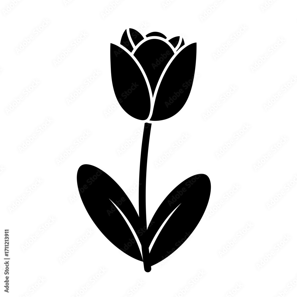 Obraz premium Vector art of a simple black silhouette of a tulip flower with two leaves, isolated on a, representing spring and nature in a minimalist style