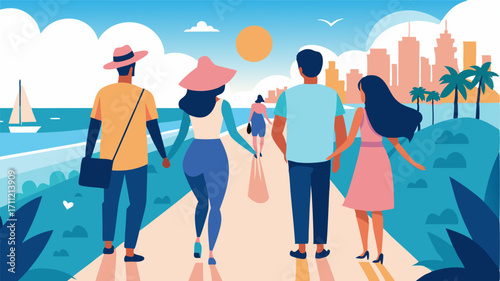 Couples and friends stroll hand in hand along the promenade taking in the sights and sounds of the citys vibrant beachfront.