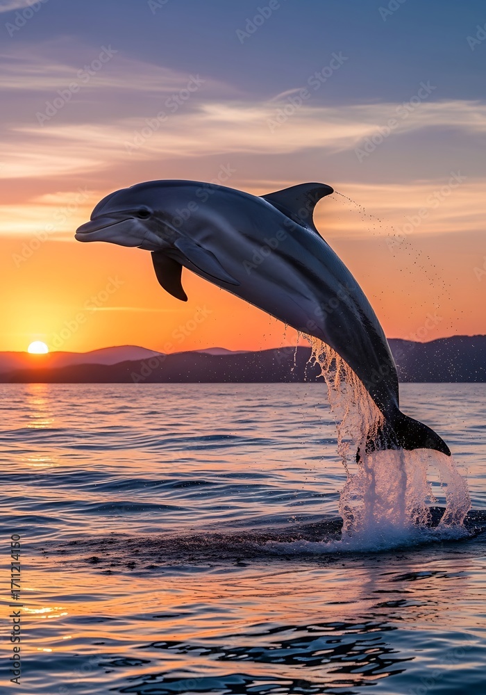 Obraz premium Acrobatic Dolphin Soaring Against Colorful Sky at Sunset over the Ocean