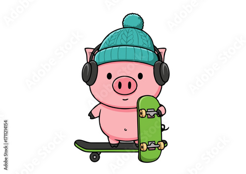 An adorable cartoon pig character with a cool urban style, wearing a knit beanie and headphones while standing with a skateboard. A fun vector illustration concept for youth and hobbies
