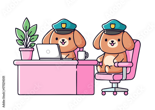 Adorable cartoon police dogs diligently managing tasks in a friendly office environment, showcasing teamwork and dedication to their important duties
