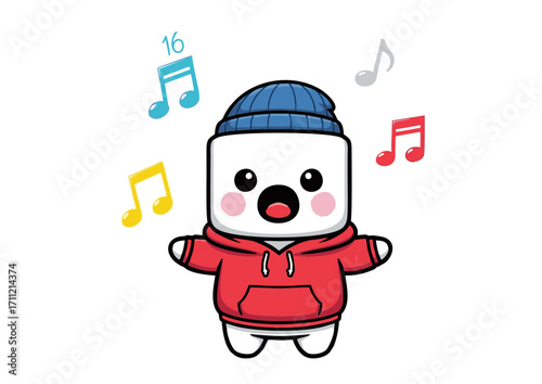 Adorable marshmallow character in a red hoodie with a blue beanie, singing and surrounded by musical notes, creating a cheerful and melodic atmosphere