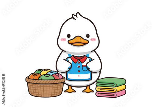 Cute cartoon duck wearing apron and standing next to a laundry basket full of clothes and a stack of neatly folded towels, ideal for graphic design and children's content