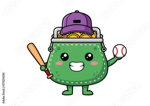 An adorable green coin purse mascot filled with gold coins, dressed as a baseball player with a cap, bat, and ball. A fun cartoon character for sports finance and gaming