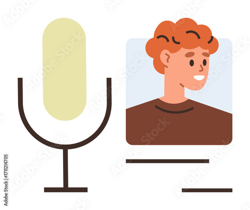 Microphone and smiling person profile representing content creation, communication, and media engagement. Ideal for podcasting, audio recording, interviews, education, careers, branding creativity