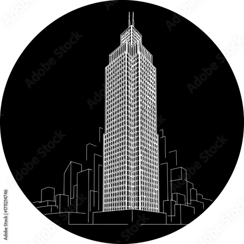 Vector art of stylized black and white illustration of the empire state building and surrounding skyscrapers within a circular frame, representing new york city architecture and urban landscape