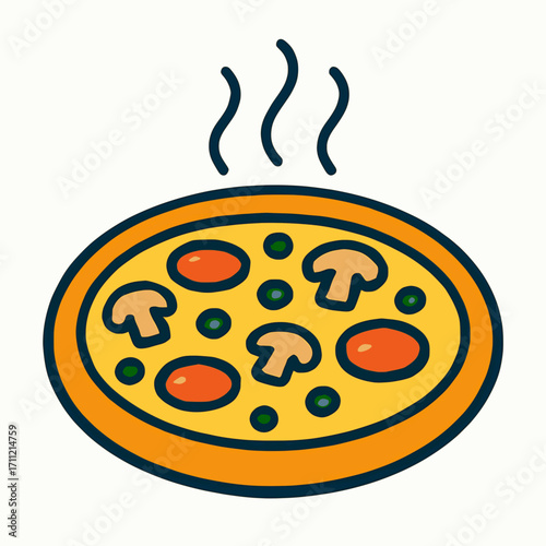 A clean vector design of a steaming hot pizza with solid colors on a white background
