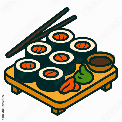A bold vector illustration of a sushi platter with solid colors on a white background