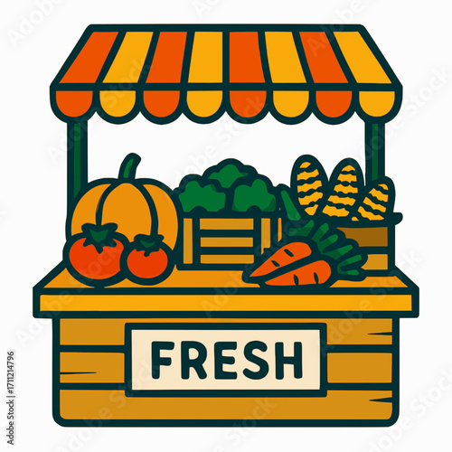 A flat vector design of a farmer’s market stall with fresh produce on a white background