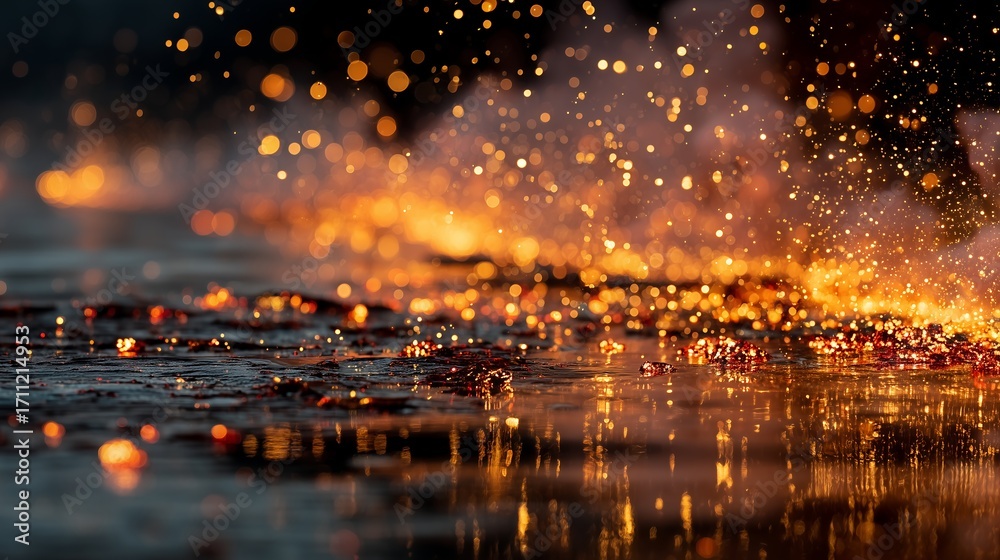 Fototapeta premium Fiery embers and sparks on black background, low-angle shot, vibrant orange red glow, dark atmosphere, motion blur 