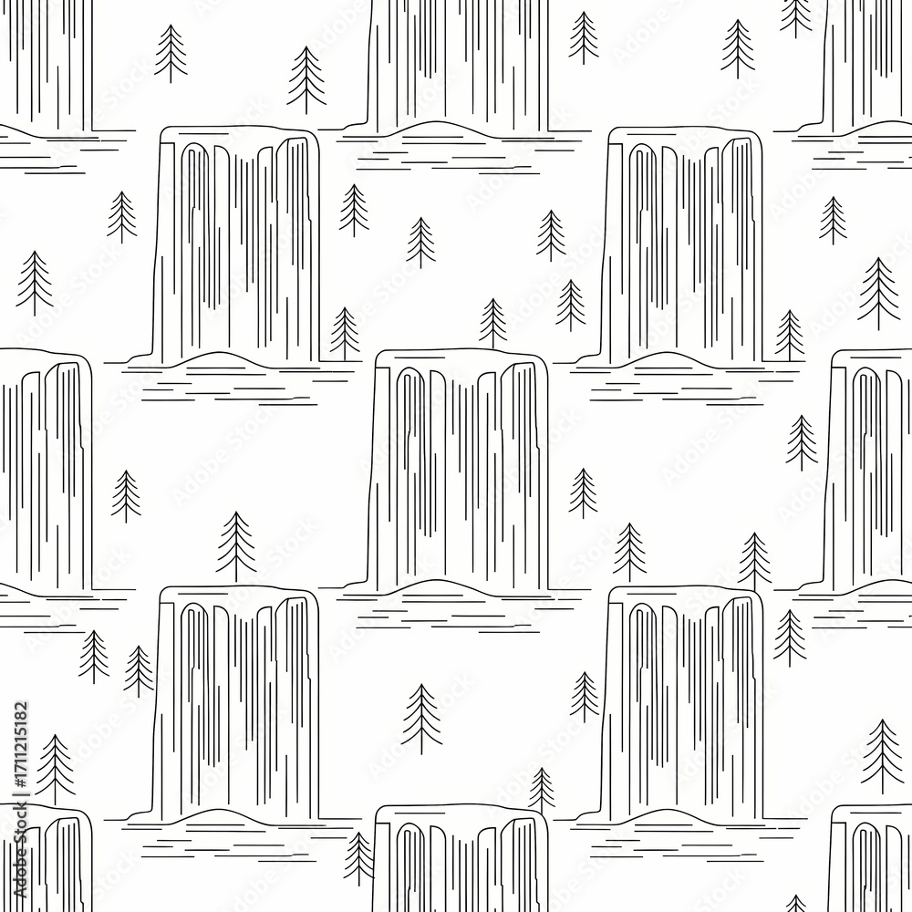 Obraz premium Minimalist Black and White Line Art of Waterfalls and Pine Trees Pattern