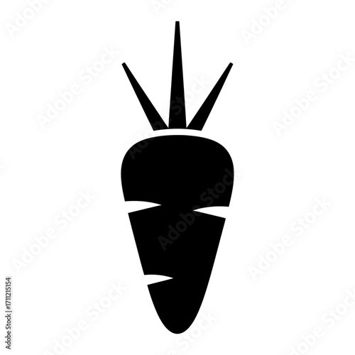 Vector art of a simple black icon of a carrot with green leaves on a, representing healthy food and vegetables