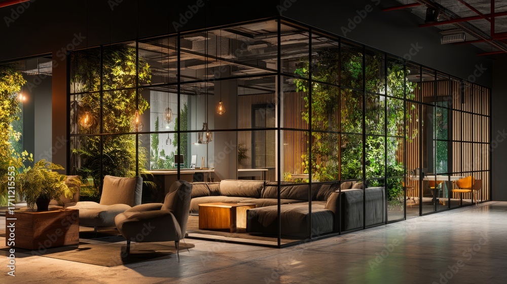 Fototapeta premium Modern interior space with glass walls and green plants