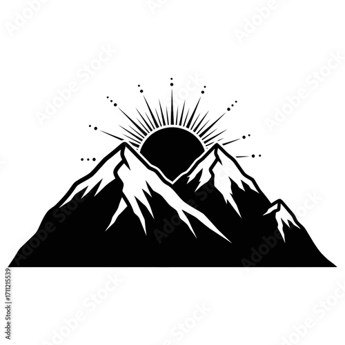 Vector art of stylized black and white illustration of a sun rising over jagged mountain peaks, symbolizing new beginnings and adventure