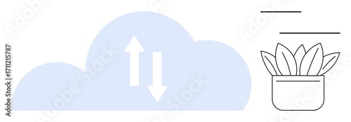 Cloud graphic with bidirectional arrows symbolizing data transfer paired with a simple potted plant. Ideal for technology, nature, sustainability, minimalism, eco-friendly, growth concepts, and clean
