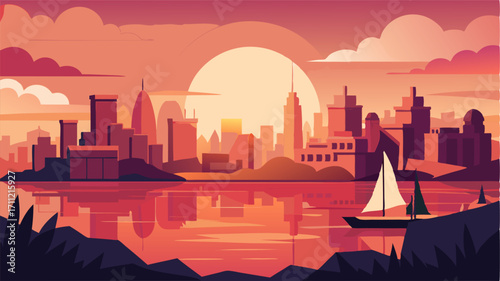 A sense of tranquility fills the air as the rising sun paints the city harbor in shades of orange and pink.