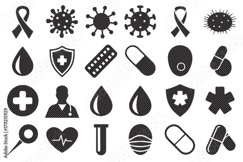 Collection of medical icons representing healthcare and disease prevention in a simple and modern design style