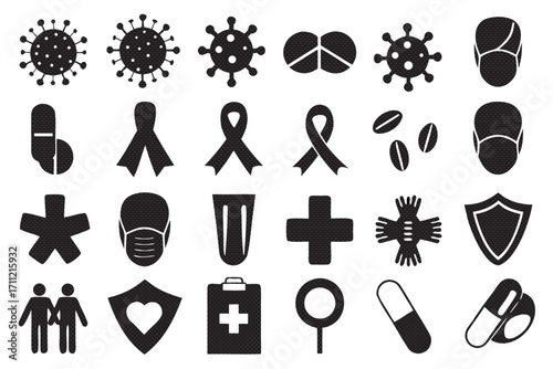 Diverse medical icon set, symbolizing health, safety, and awareness in a clean, minimalist design style