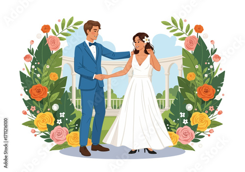 Vector art of wedding couple in a garden setting with floral decorations, bride in a white dress and groom in a blue suit, holding hands