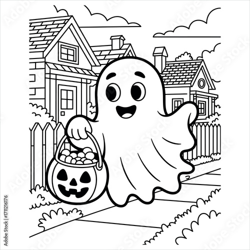 A fun halloween coloring book page featuring spooky characters and festive elements for children to enjoy and decorate