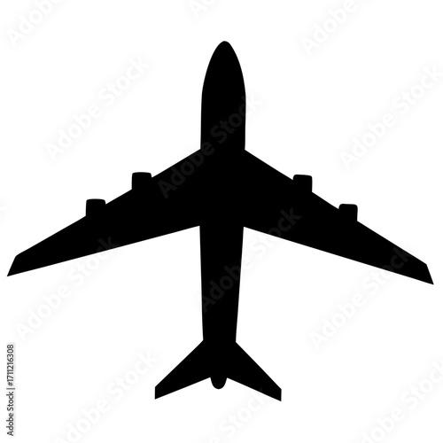 Simple black silhouette of an airplane against a white background