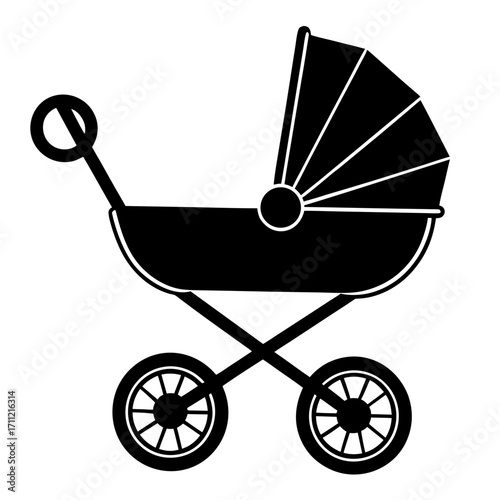 Simple black and white illustration of a classic baby stroller design