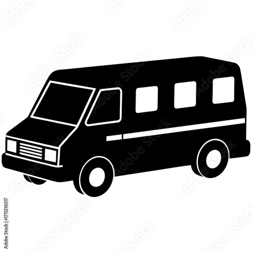 Simple black and white illustration of a classic vintage passenger van