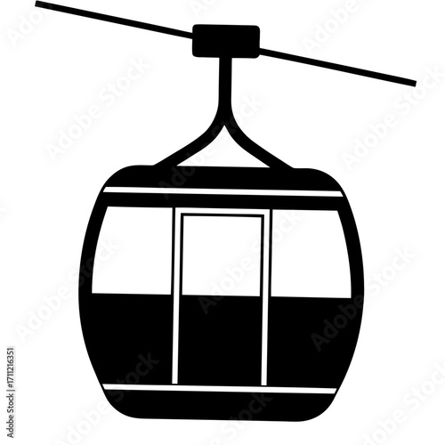 Simple black and white illustration of a cable car on a wire