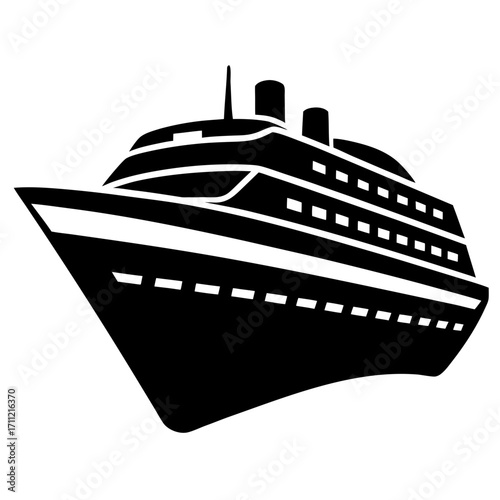 Simple black and white illustration of a cruise ship on white background