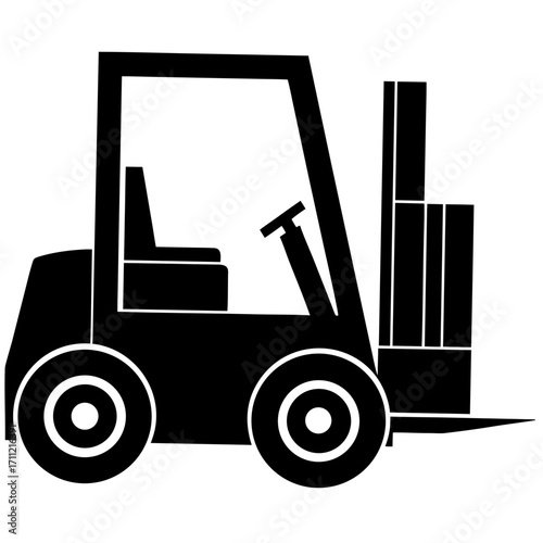 Simple black and white illustration of a forklift truck and its components