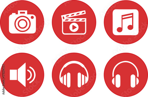 Media and entertainment icons in red circles camera