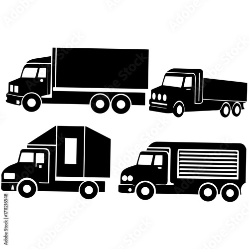 Black and white illustration of various delivery and freight trucks