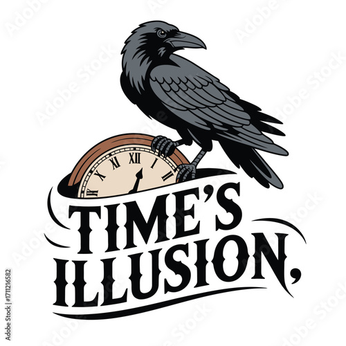 Mysterious raven perches on vintage clock face, symbolizing time's enigmatic nature and fleeting moments.