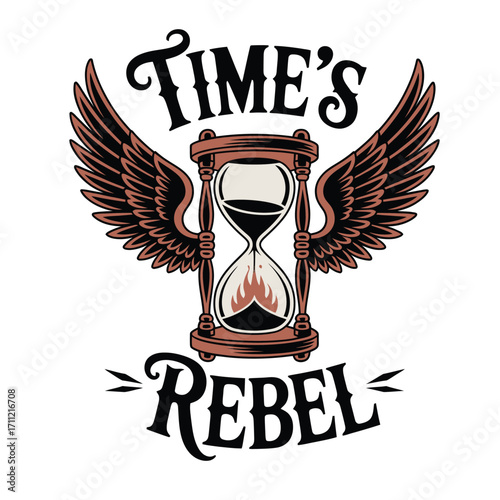Dynamic winged hourglass symbolizes rebellion against time, capturing urgent, bold spirit with fiery sand flowing