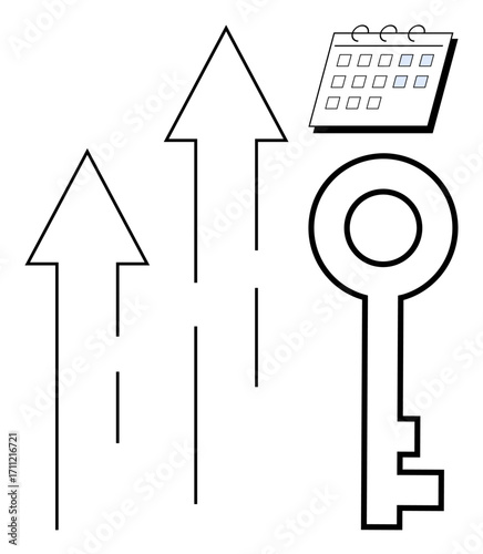 Upward arrows symbolizing progress, a key for access, and a calendar for time planning. Ideal for strategy, innovation, leadership, deadlines, success, ambition simple flat metaphor