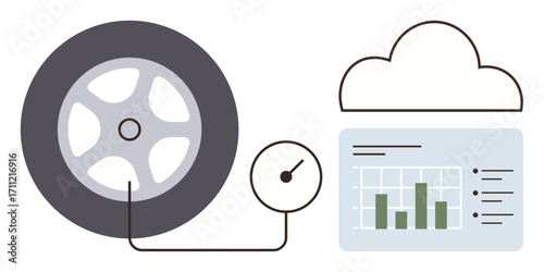 Tire and pressure gauge linked to data analytics displayed under a cloud. Ideal for automotive maintenance, smart technology, IoT, vehicle safety, data management, cloud solutions, simple flat