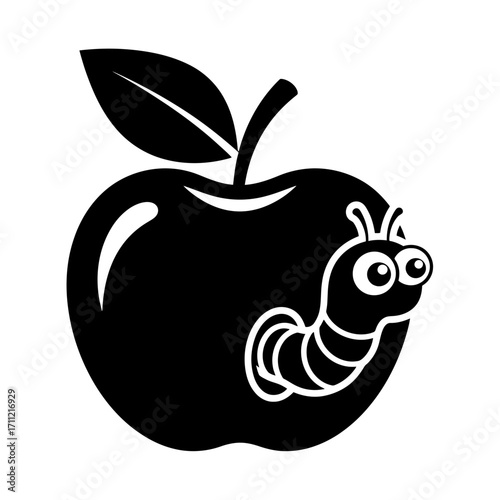 Vector art of cartoon illustration of a worm peeking out of a black apple, representing a pest or a flaw, isolated on a