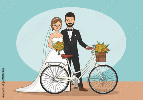 Vector art of a happy newlywed couple, a bride in a white wedding dress and a groom in a black suit, standing with a bicycle adorned with flowers on their special day