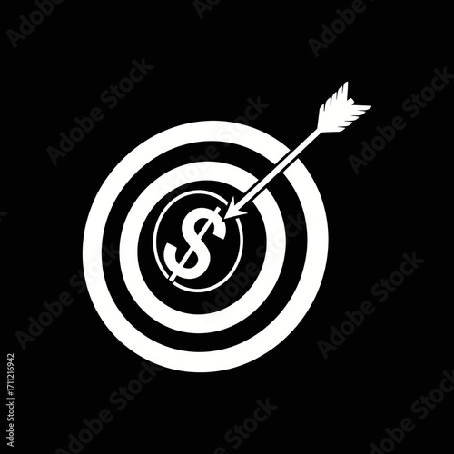 Vector art of white icon of a target with a dollar sign in the center, an arrow hitting the bullseye, symbolizing financial goals