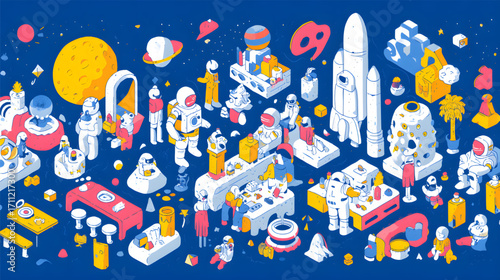 Isometric Space Exploration Scene with Astronauts Rockets and Planets.