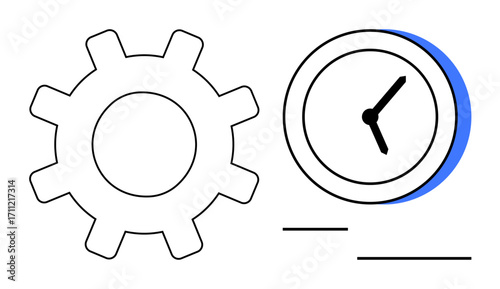 Gear and clock outline side-by-side symbolizing productivity, teamwork, time tracking, optimization, and efficiency. Ideal for scheduling, organization, workflow, collaboration and process